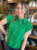 Emerald green ruffle sleeve button front boutique blouse for women