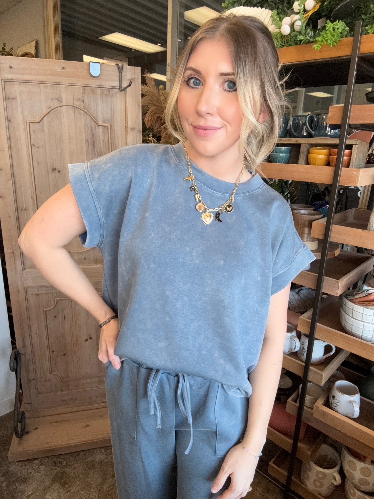 Vintage washed blue casual lounge top for women