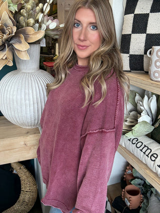 VINTAGE WASHED BERRY PULLOVER WITH EXPOSED SEAMS