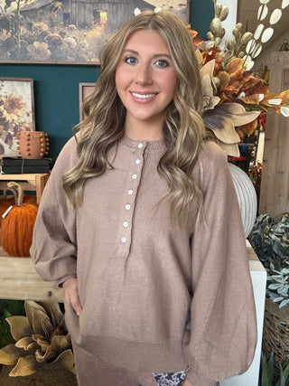 Taupe henley sweater top with button neckline and balloon sleeves