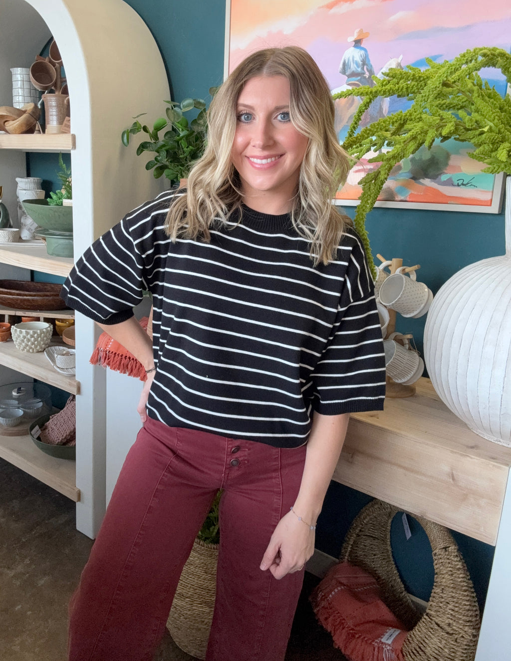 Striped Knit Top Short Sleeve