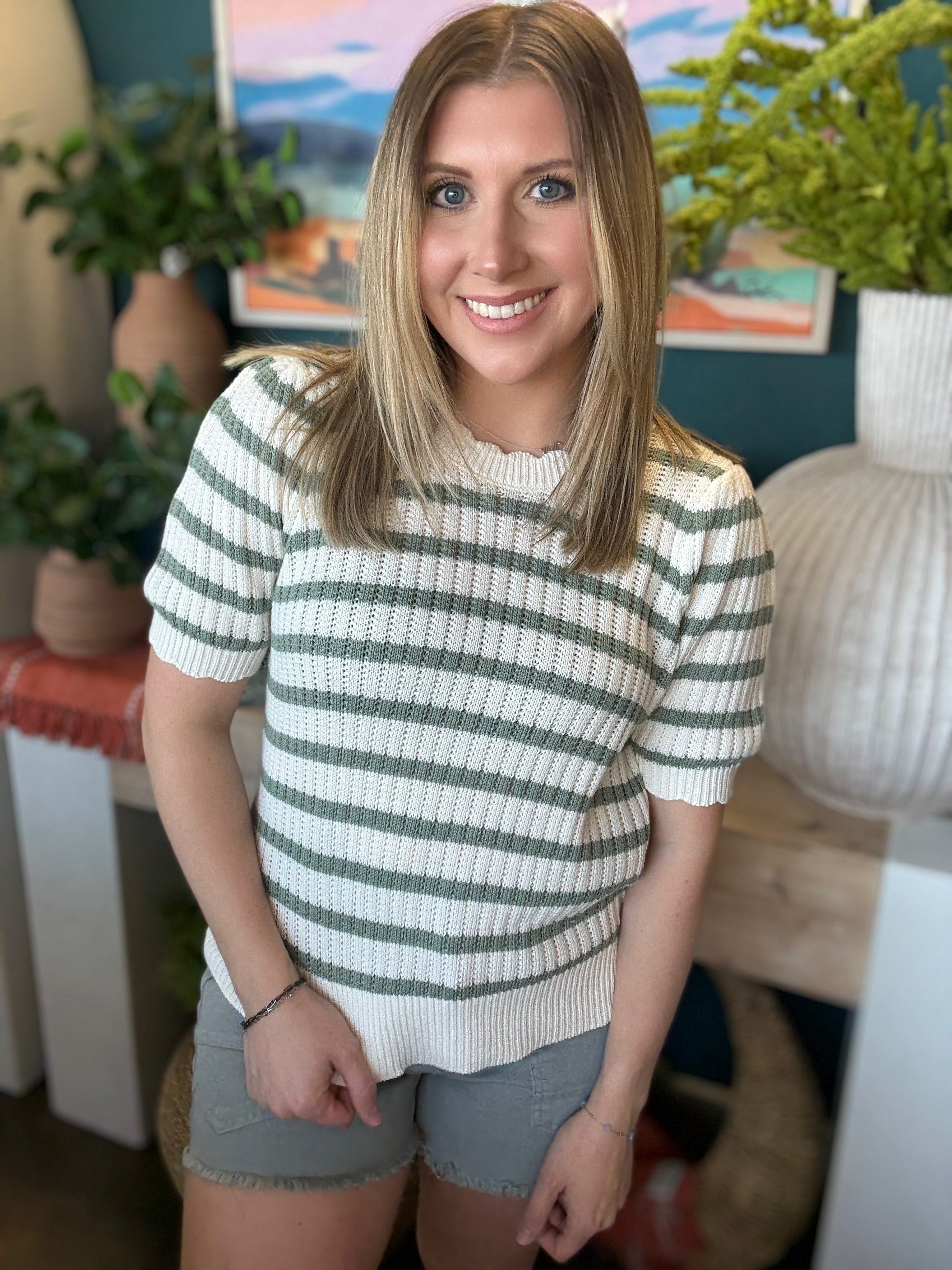 Sage Green Stripe Knit Puff Sleeve Top