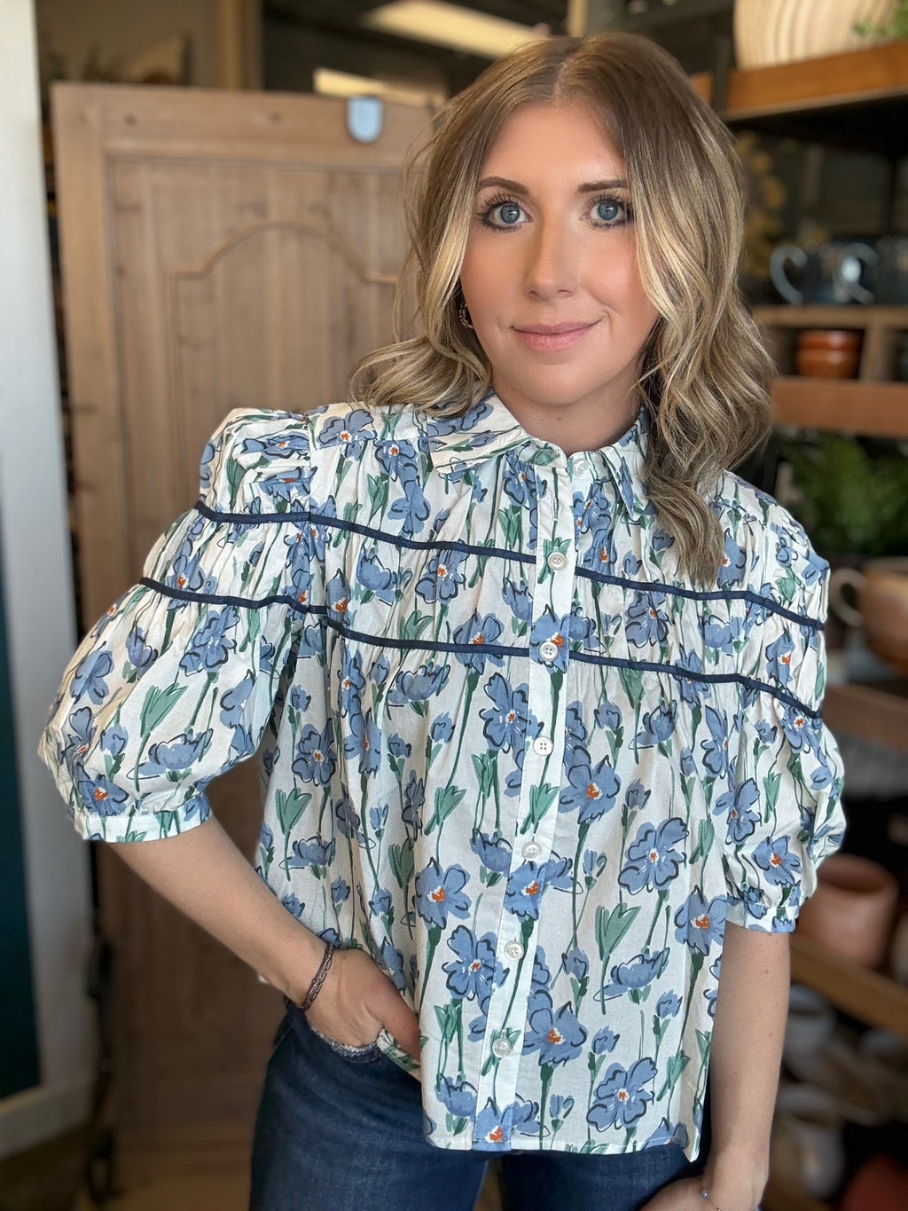 Blue floral puff sleeve boutique blouse for women