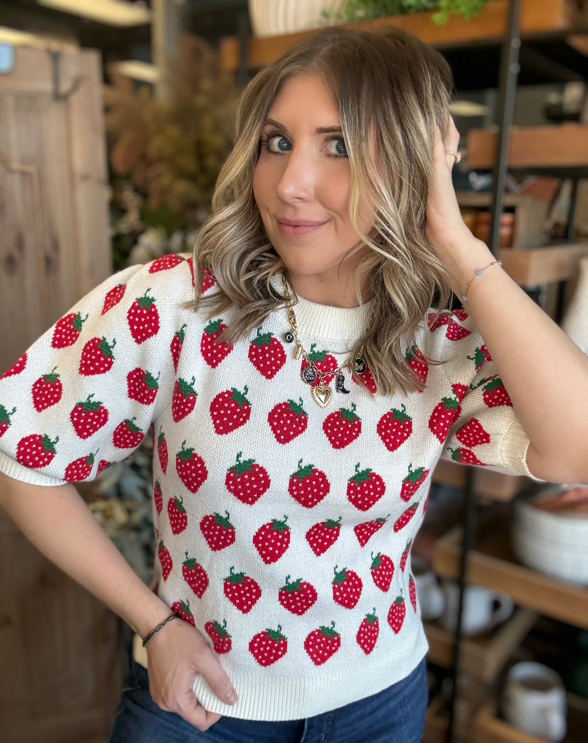 Strawberry print boutique knit sweater top for women