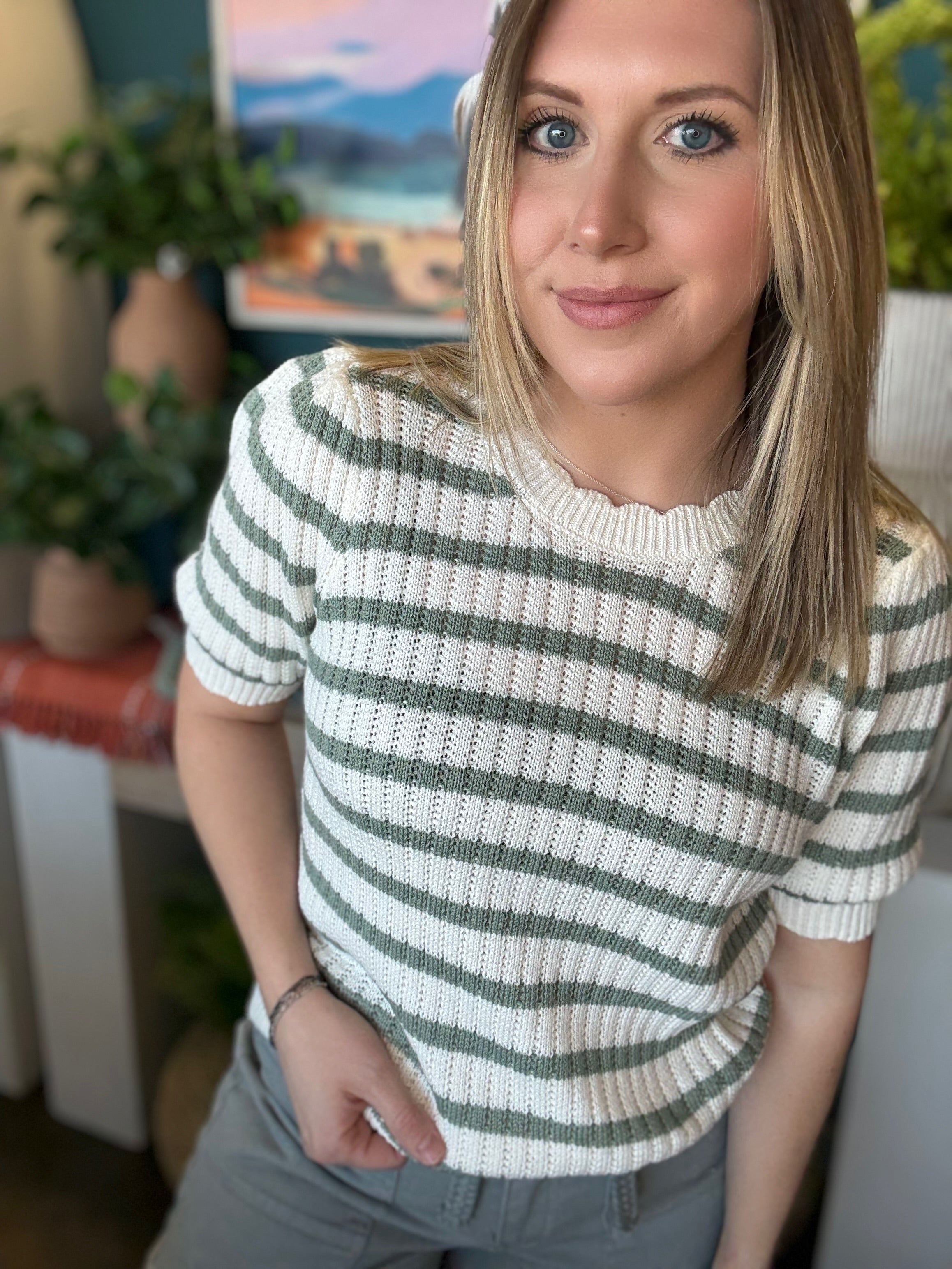 Sage Green Stripe Knit Puff Sleeve Top