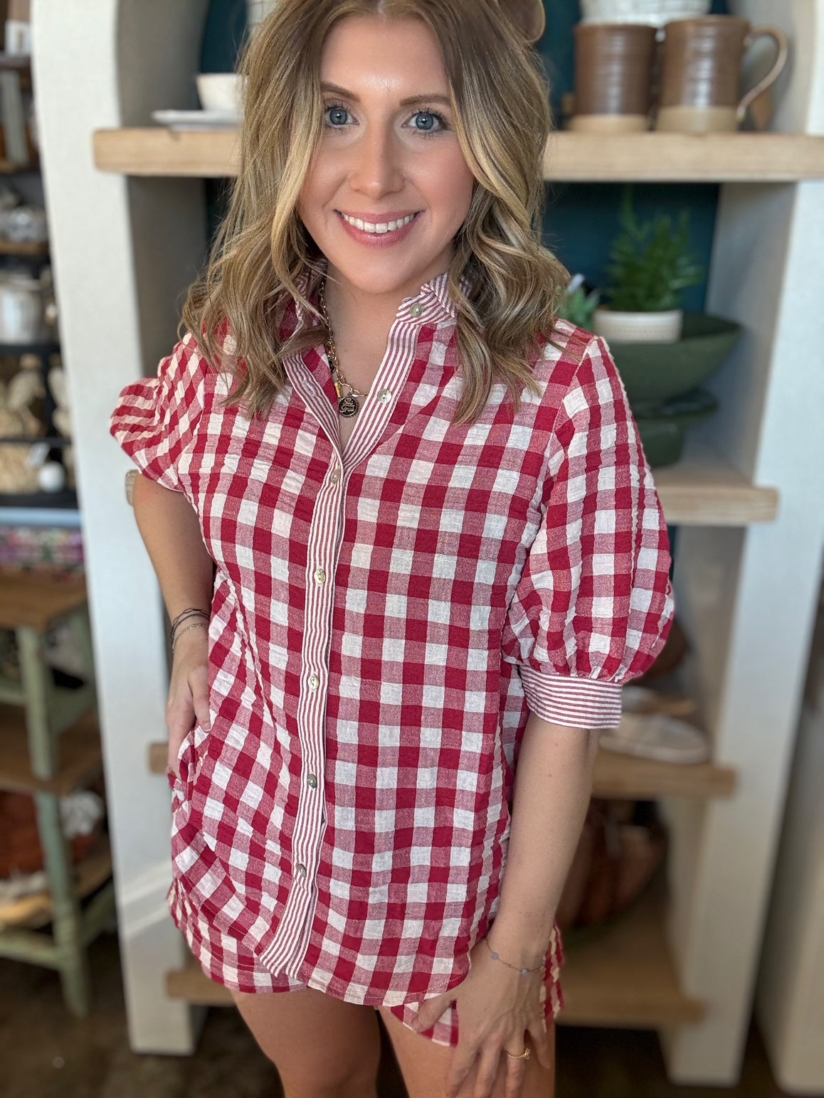 red gingham puff sleeve button down boutique top for women