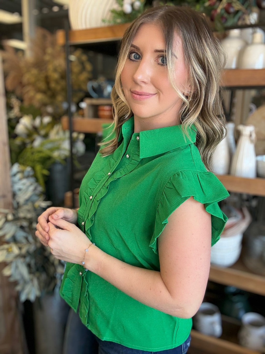 Emerald green ruffle sleeve button front boutique blouse for women