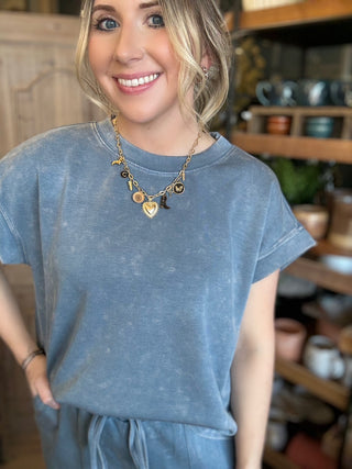 Vintage washed blue casual lounge top for women