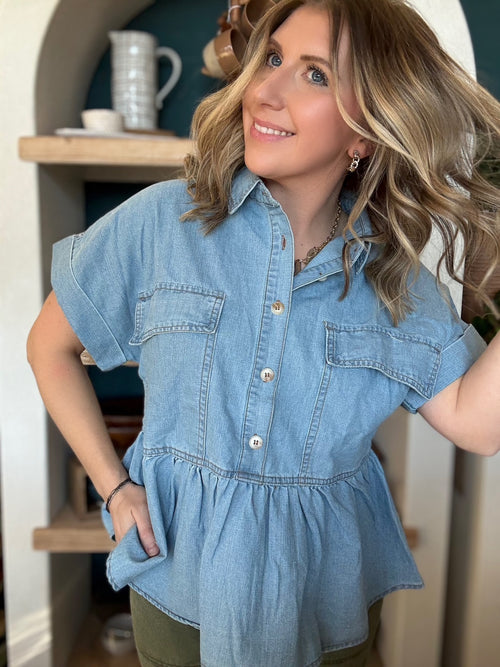 Chambray button front peplum boutique blouse for women