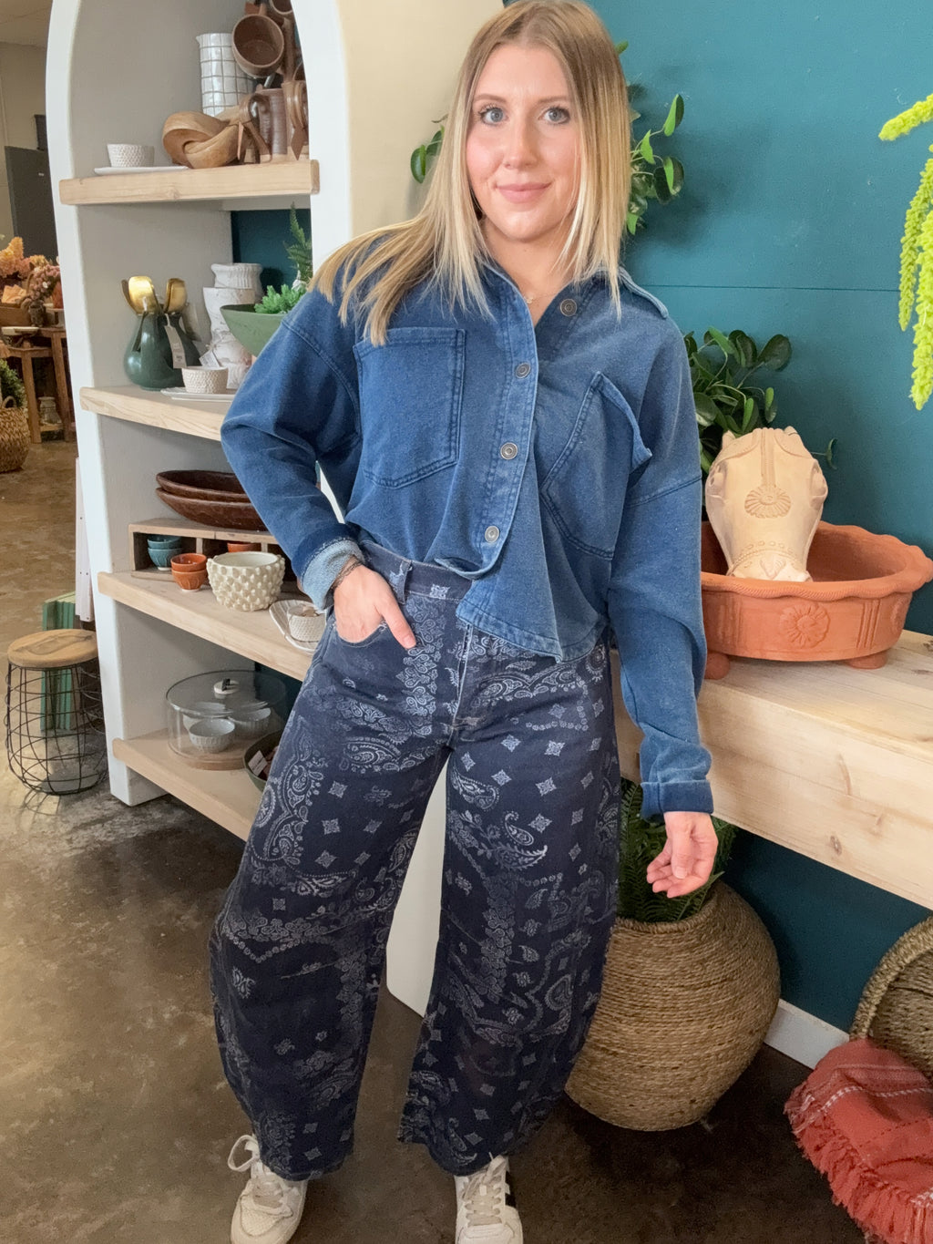 Midnight Paisley Printed Barrel Jeans