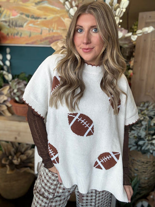 IVORY TAILGATE SWEATER WITH BROWN FOOTBALL PRINT