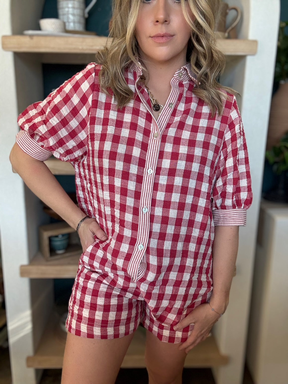 red gingham puff sleeve button down boutique top for women