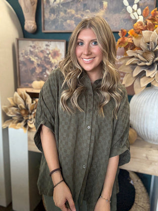 Olive checkerboard gauze oversized blouse with button front and rolled sleeves