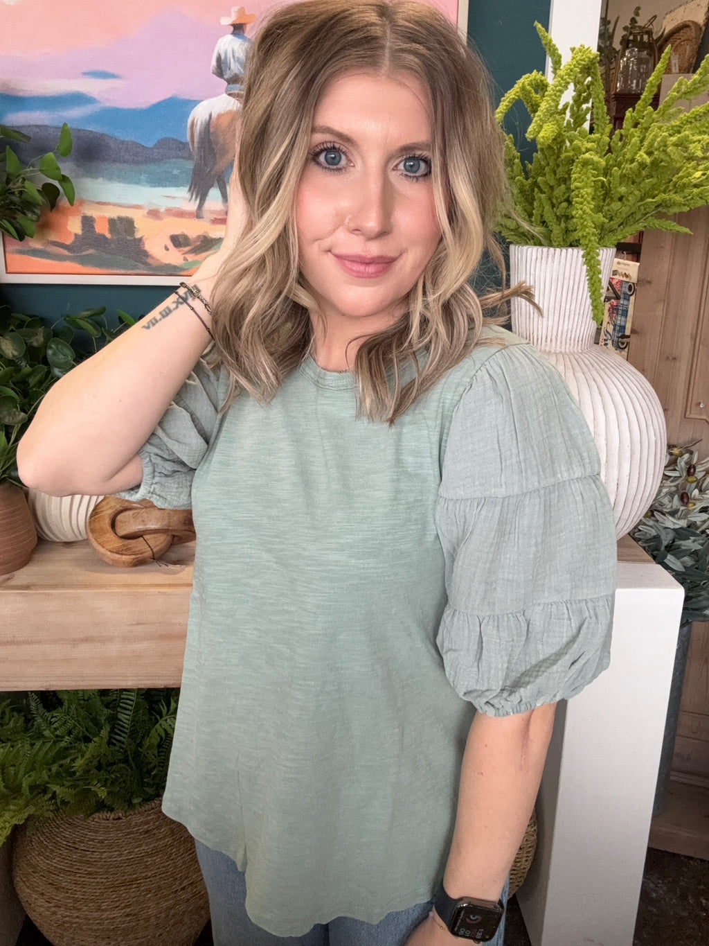 sage puff sleeve women's boutique top at Pill Box Boutique