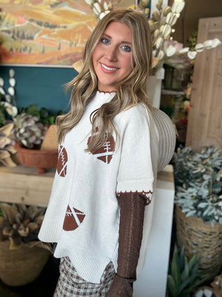 IVORY TAILGATE SWEATER WITH BROWN FOOTBALL PRINT