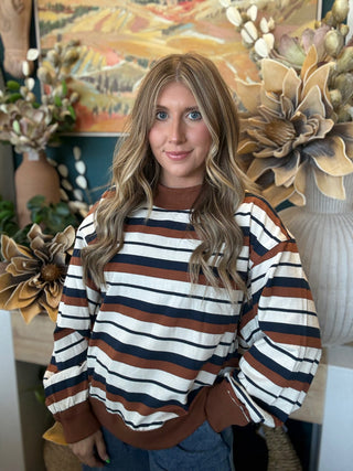 FRENCH TERRY STRIPED SWEATSHIRT- CAMEL