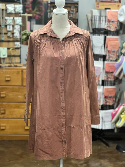 Smocked Mineral Washed Shirt Dress