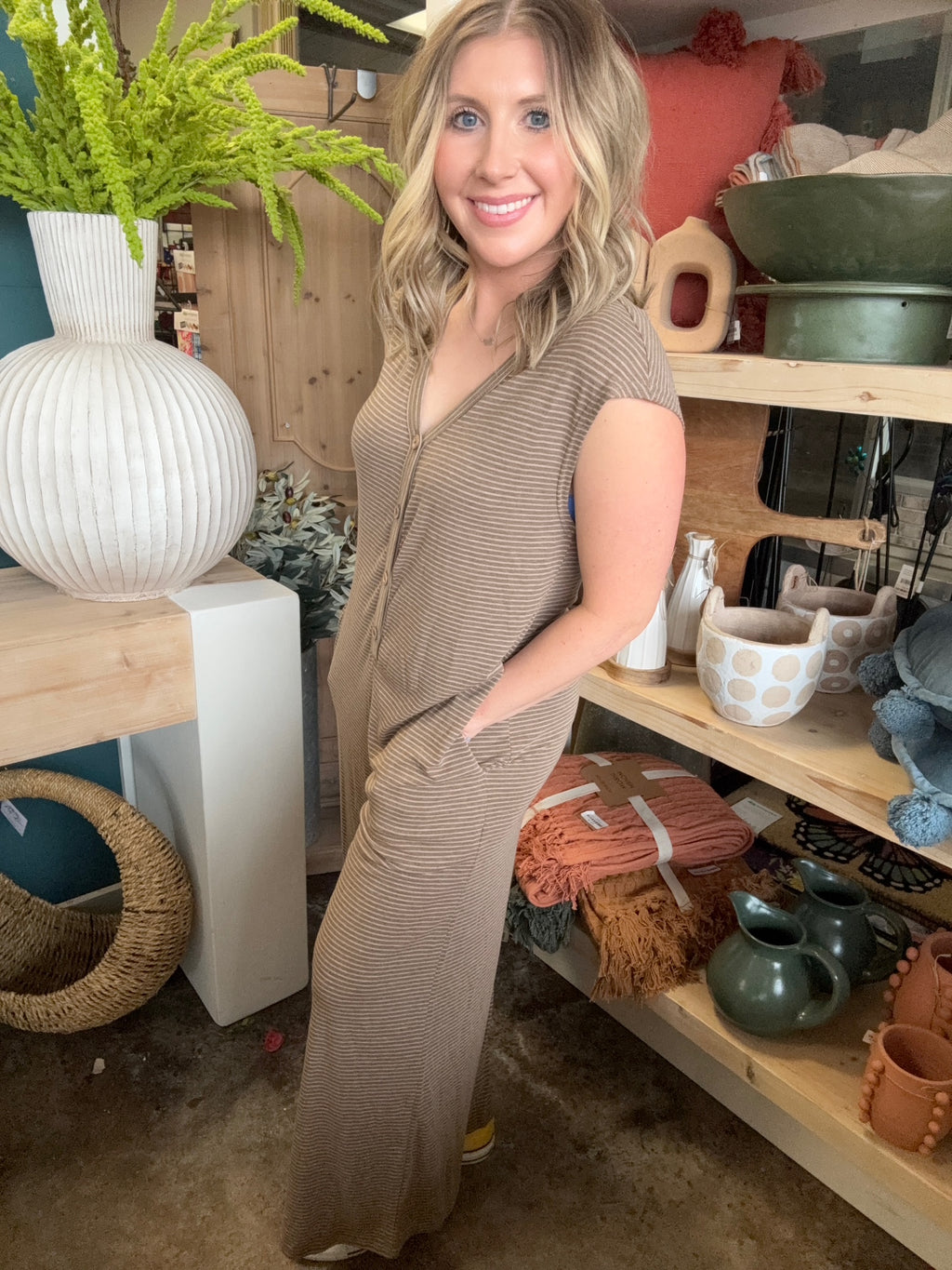 mocha striped button front women's boutique jumpsuit at Pill Box Boutique