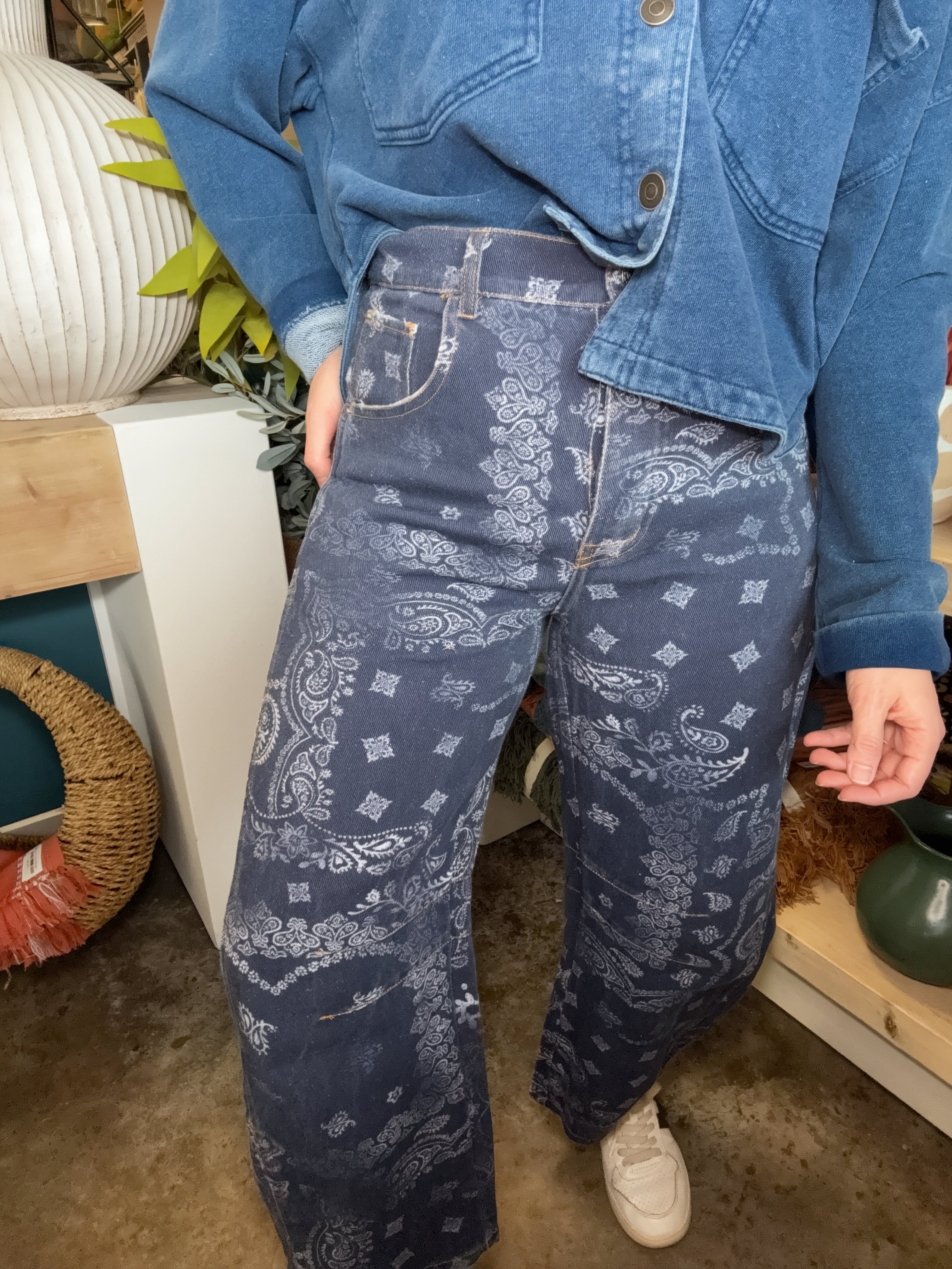 Midnight Paisley Printed Barrel Jeans