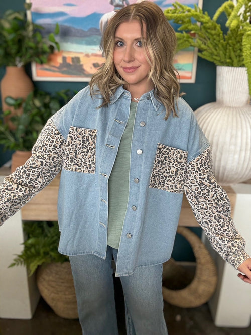denim leopard pocket shacket women's boutique jacket at Pill Box Boutique