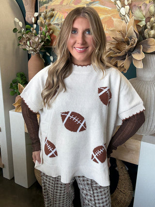 IVORY TAILGATE SWEATER WITH BROWN FOOTBALL PRINT
