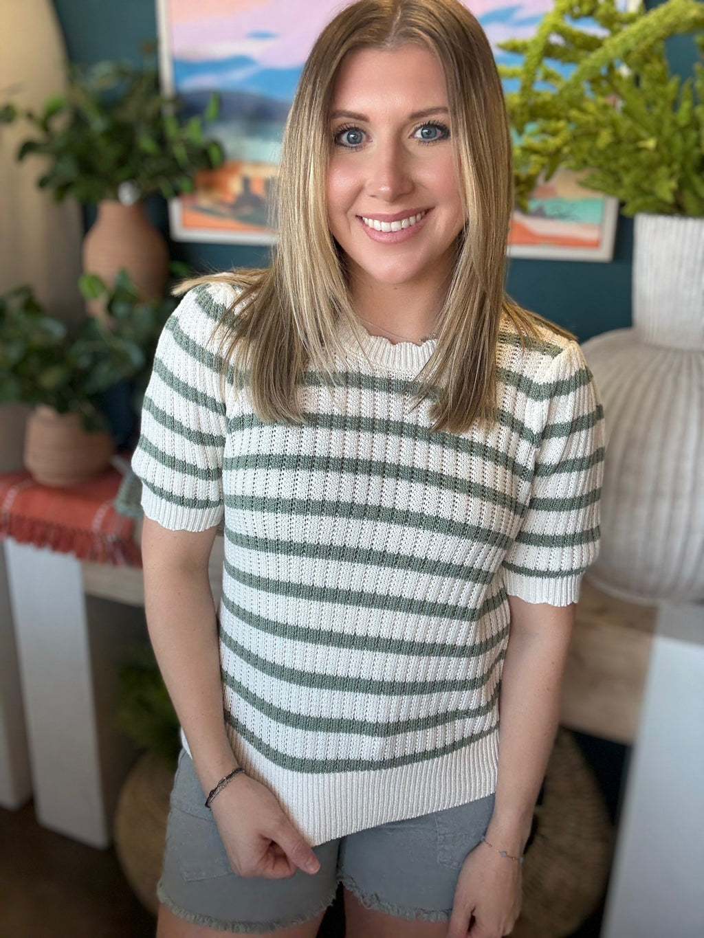 Sage Green Stripe Knit Puff Sleeve Top