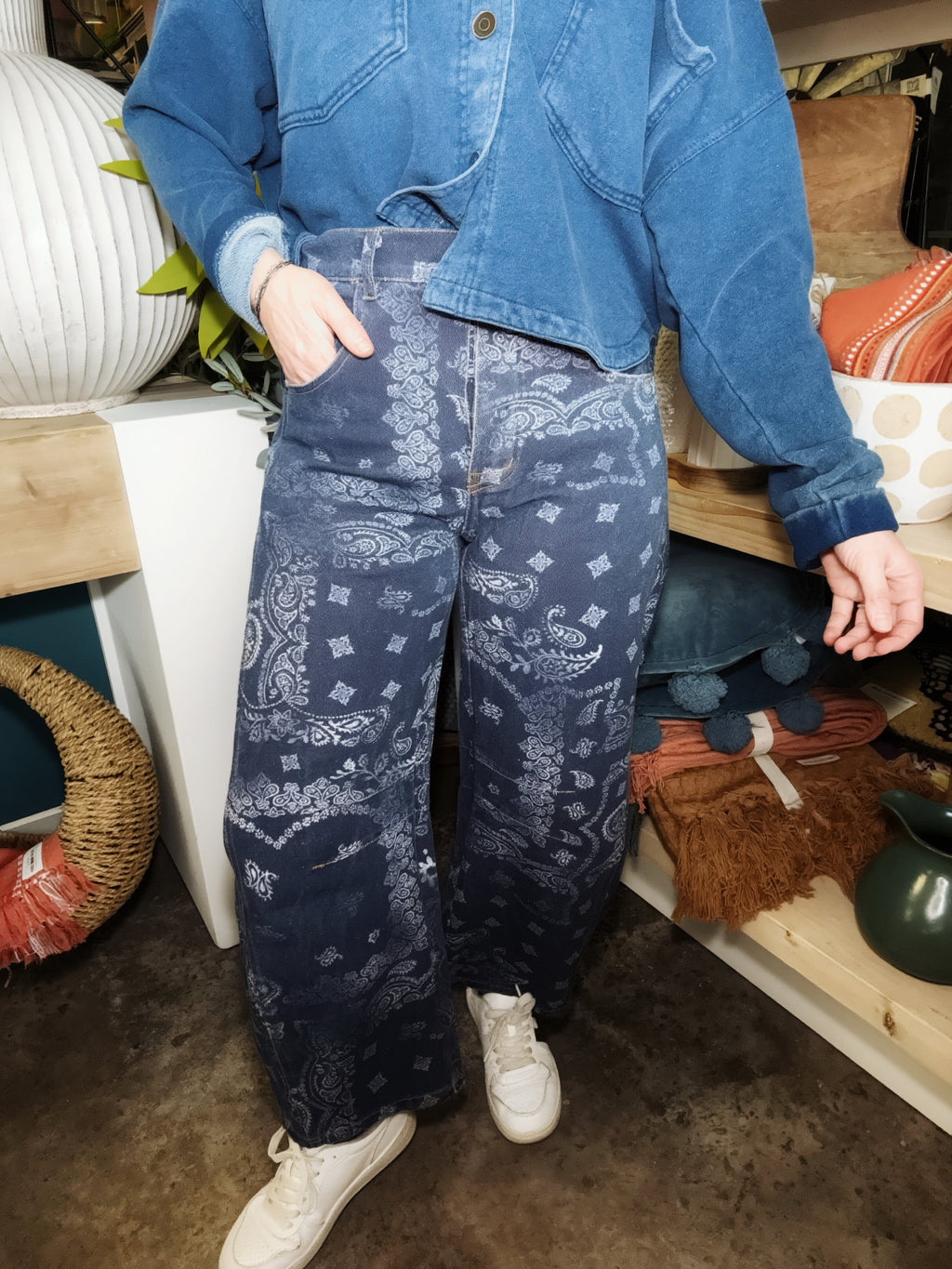 Midnight Paisley Printed Barrel Jeans