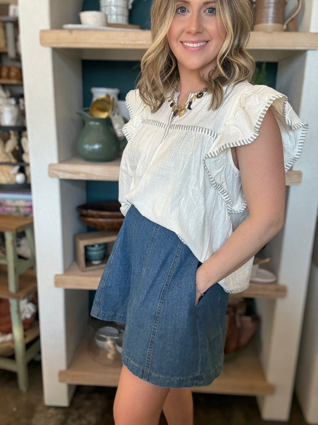 Ivory flutter sleeve boutique blouse with stripe trim for women