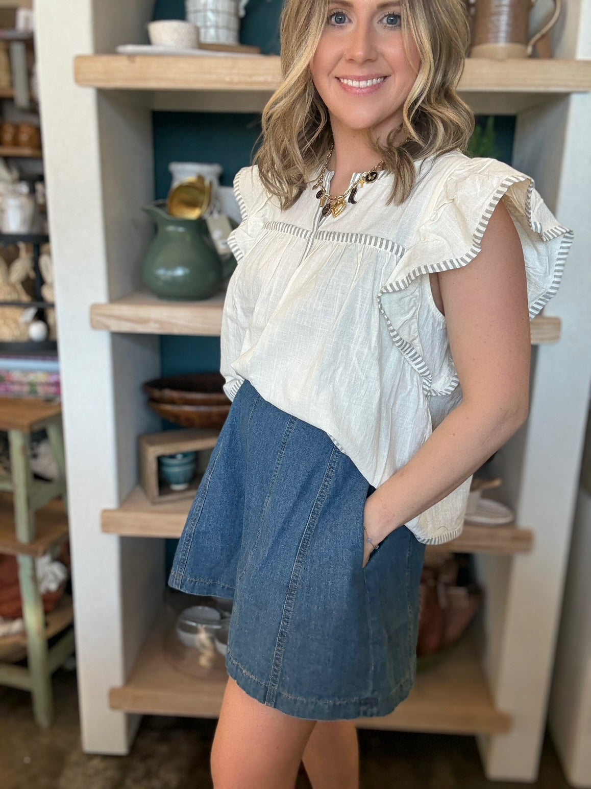 Ivory flutter sleeve boutique blouse with stripe trim for women