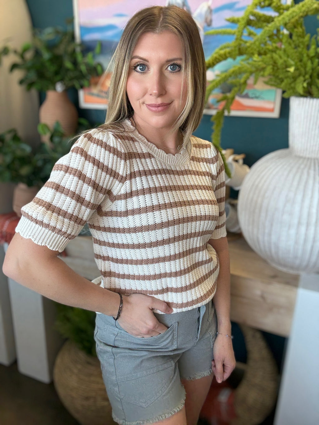 Soft Mocha Stripe Knit Puff Sleeve Top