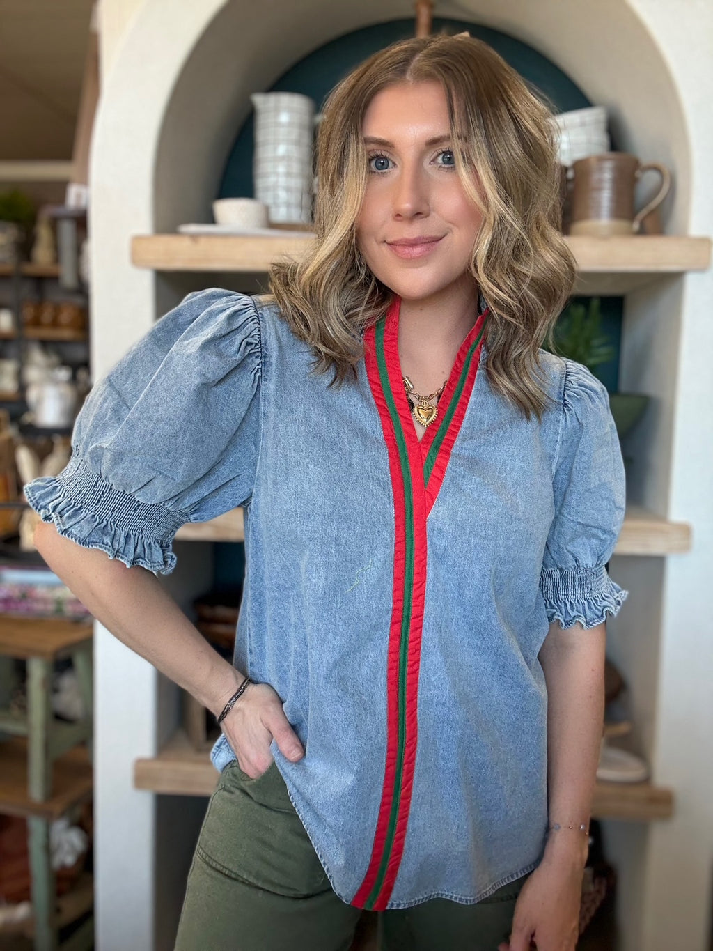 Vintage denim puff sleeve blouse with red and green stripe detail for women