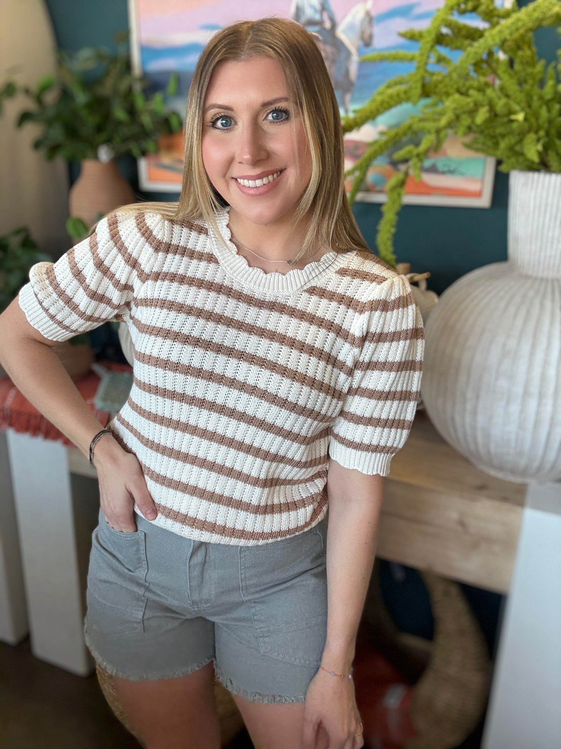 Soft Mocha Stripe Knit Puff Sleeve Top