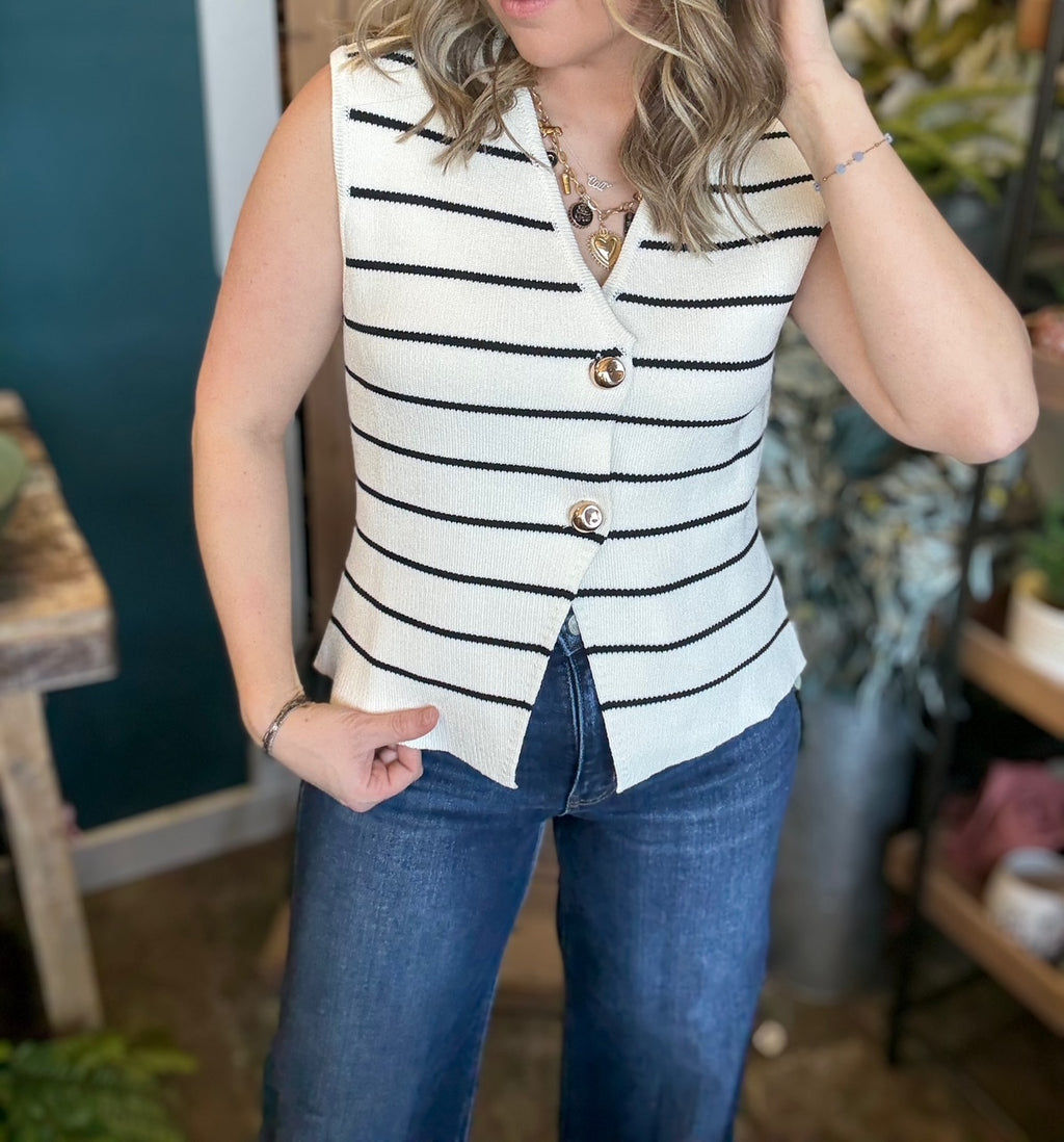 Cream and black striped button front sweater vest boutique top for women