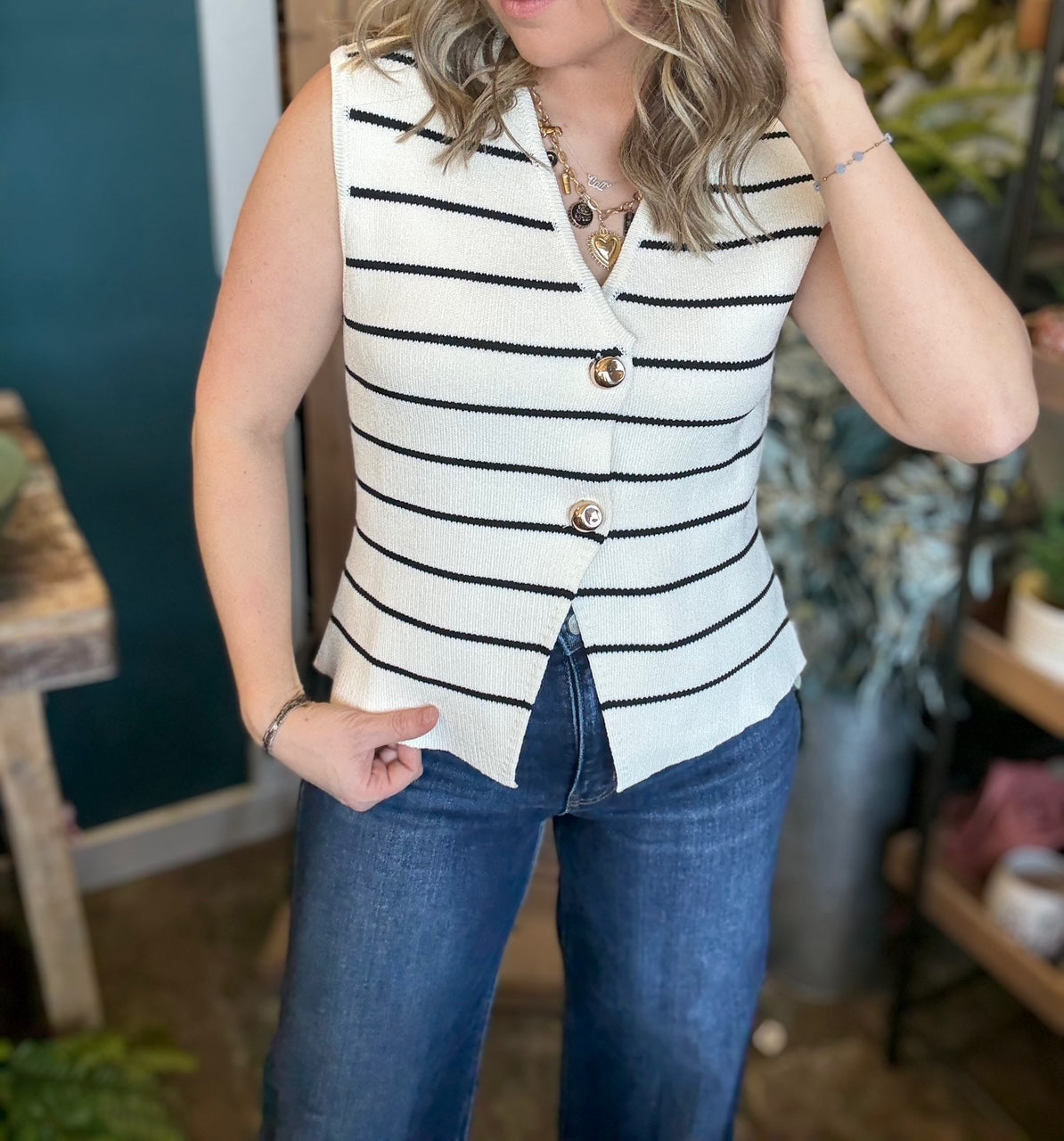 Cream and black striped button front sweater vest boutique top for women