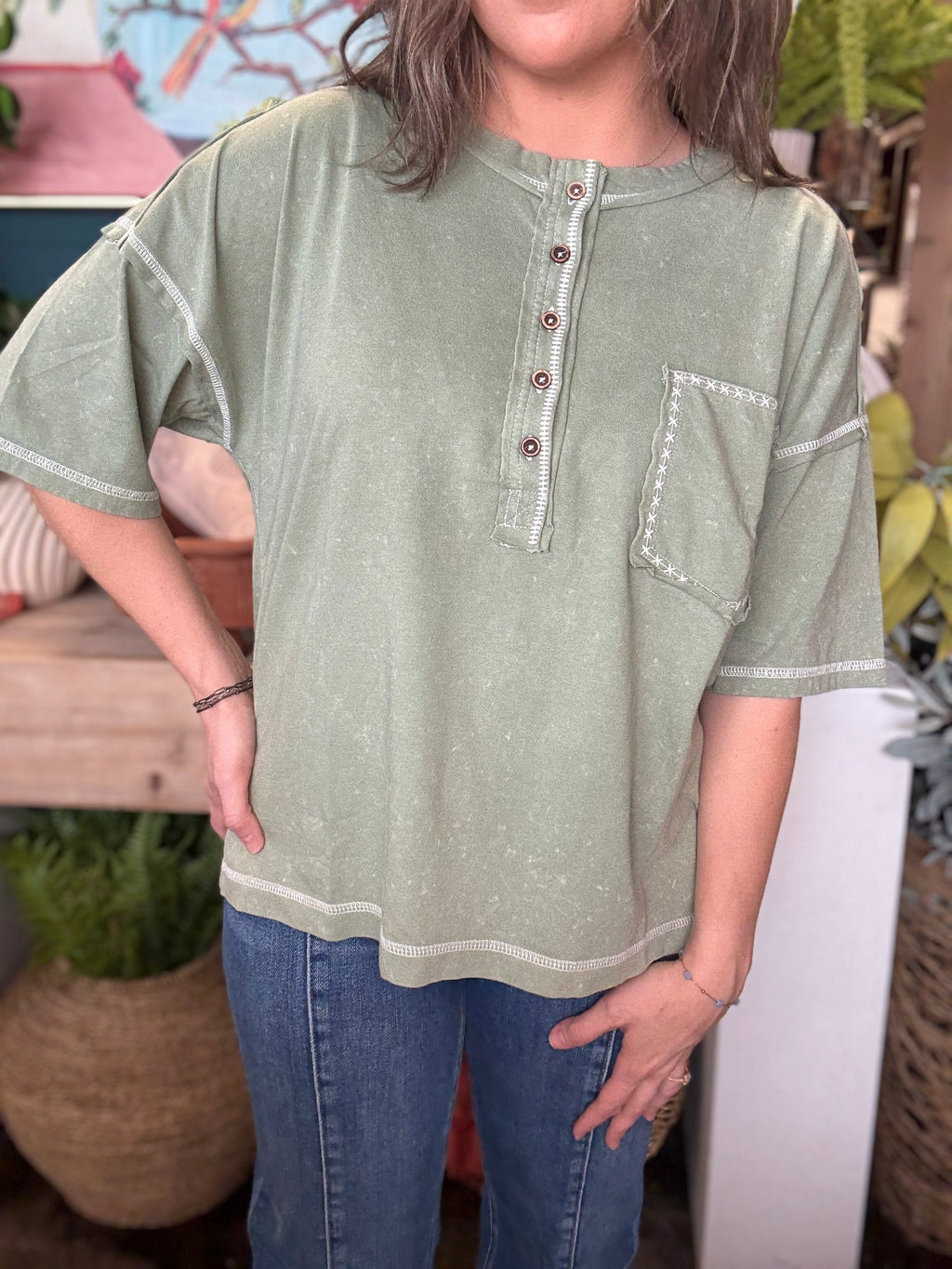 Mineral Washed Oversized Olive Top