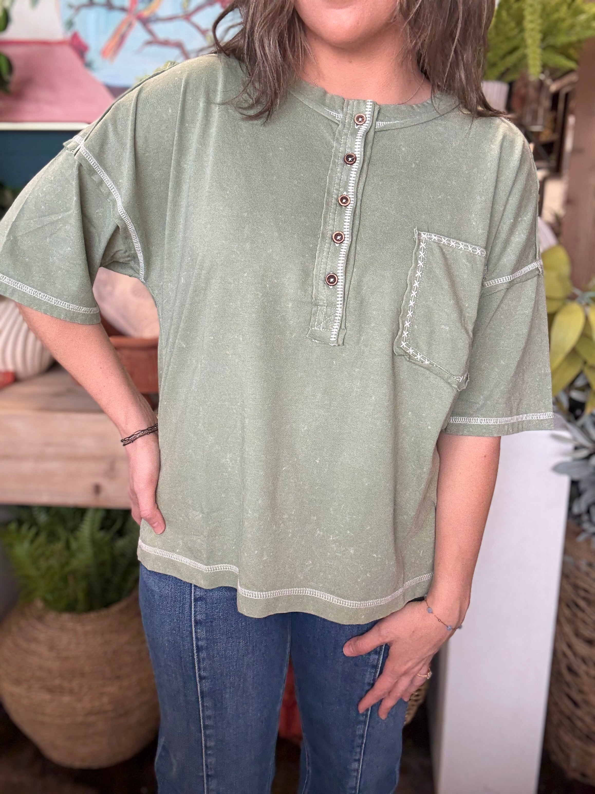 Mineral Washed Oversized Olive Top