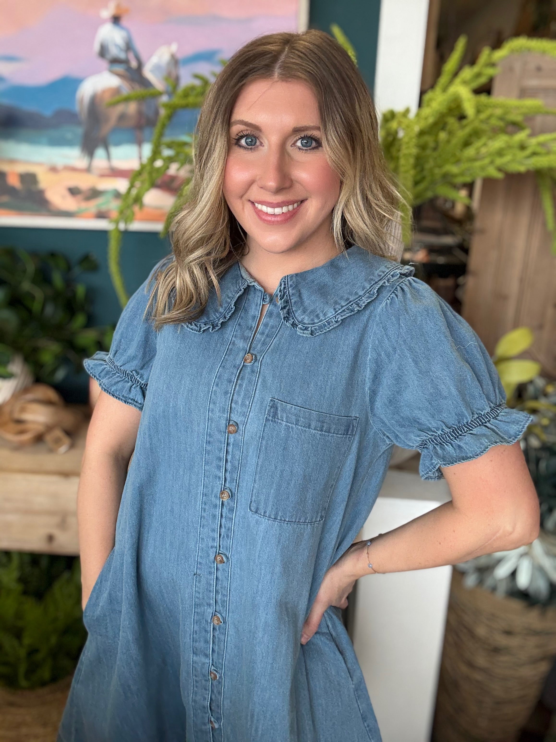 Ruffle Collar Chambray Dress