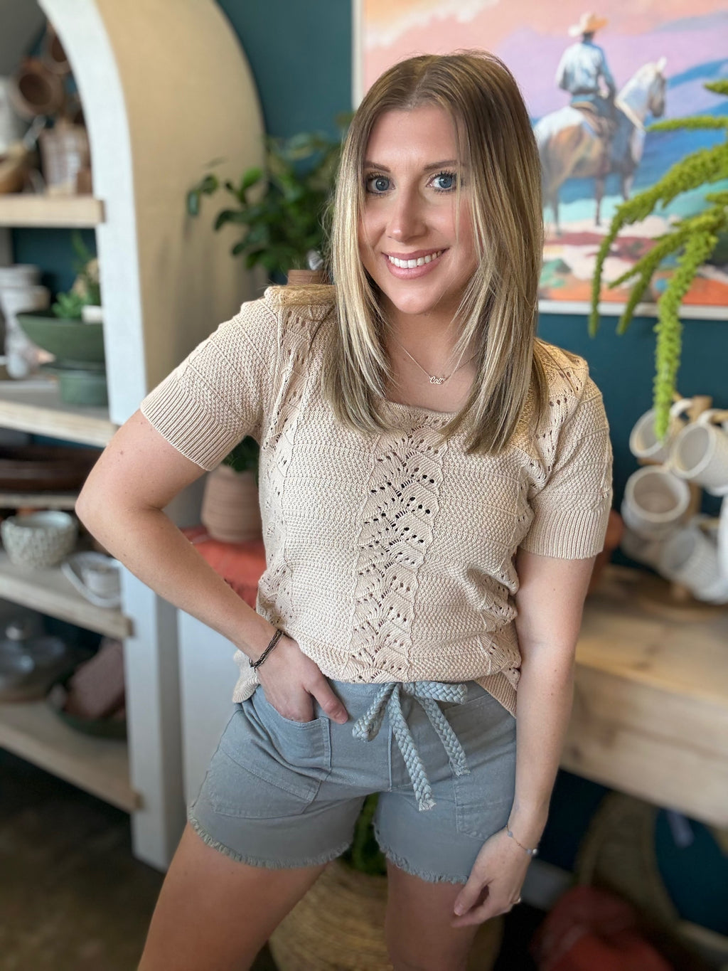 Soft Sand Pointelle Knit Top