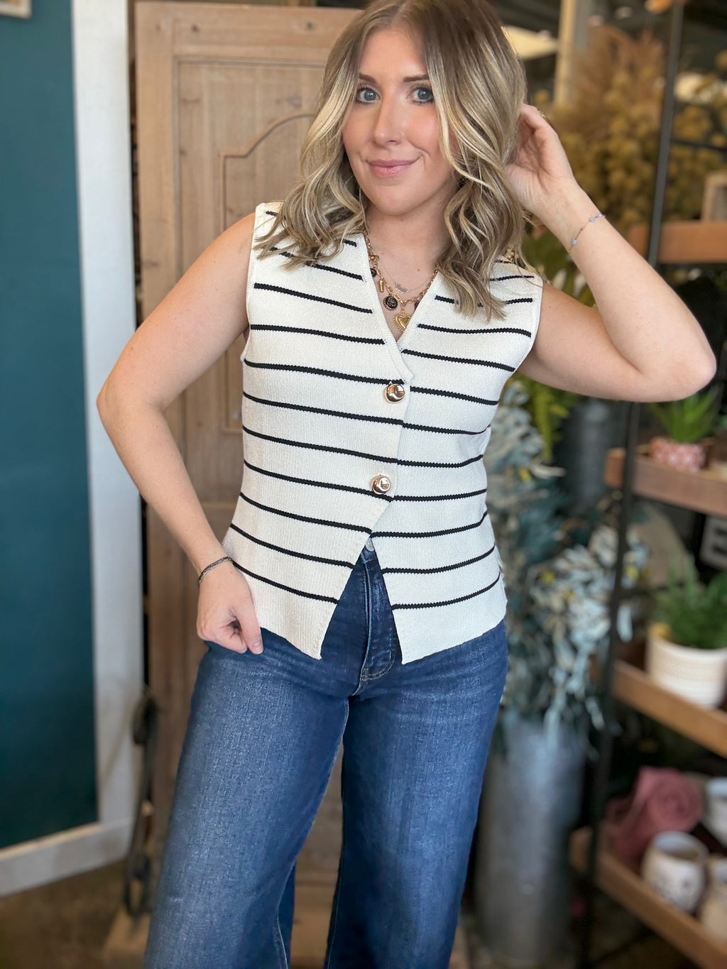 Cream and black striped button front sweater vest boutique top for women