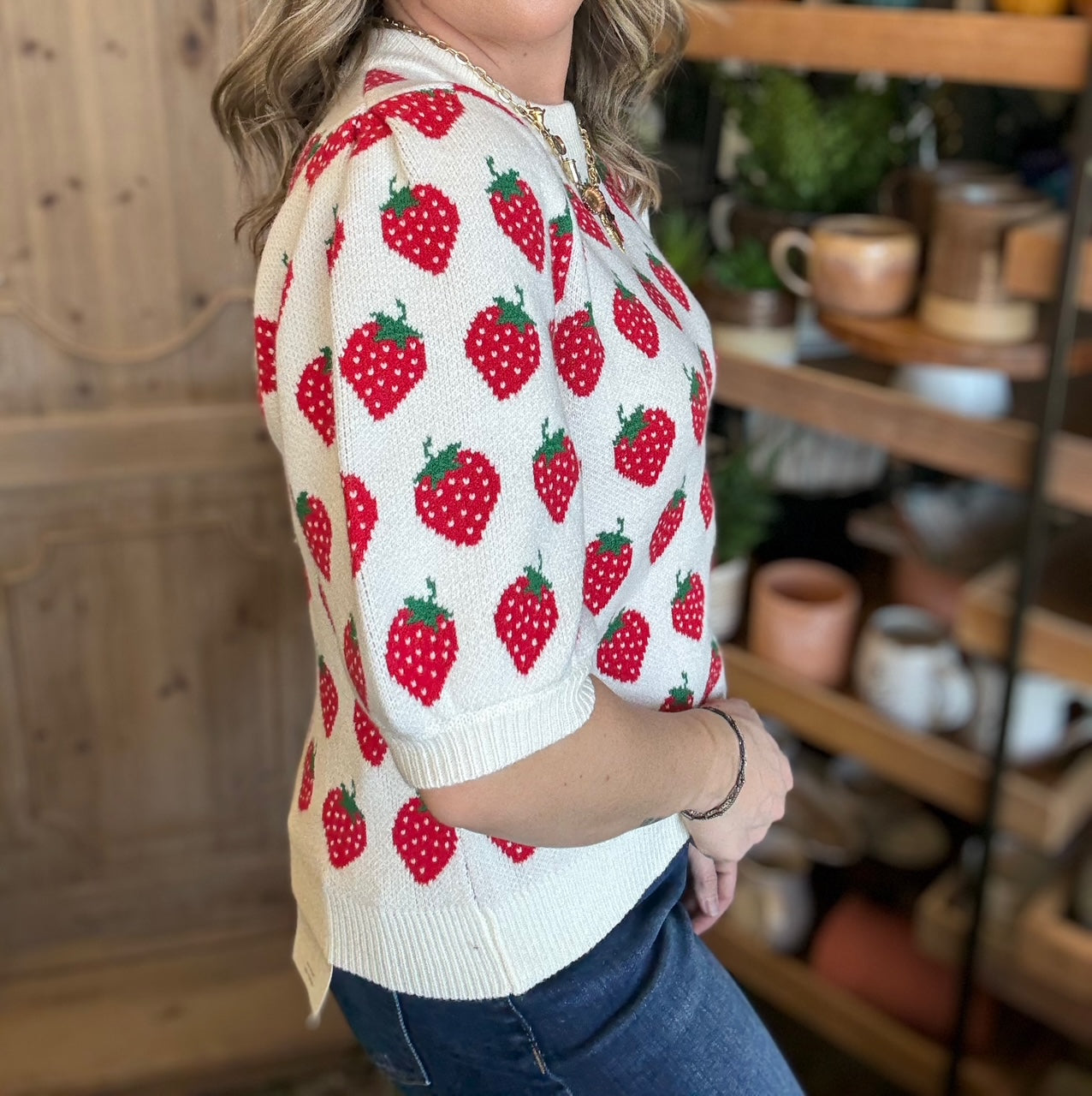 Strawberry print boutique knit sweater top for women