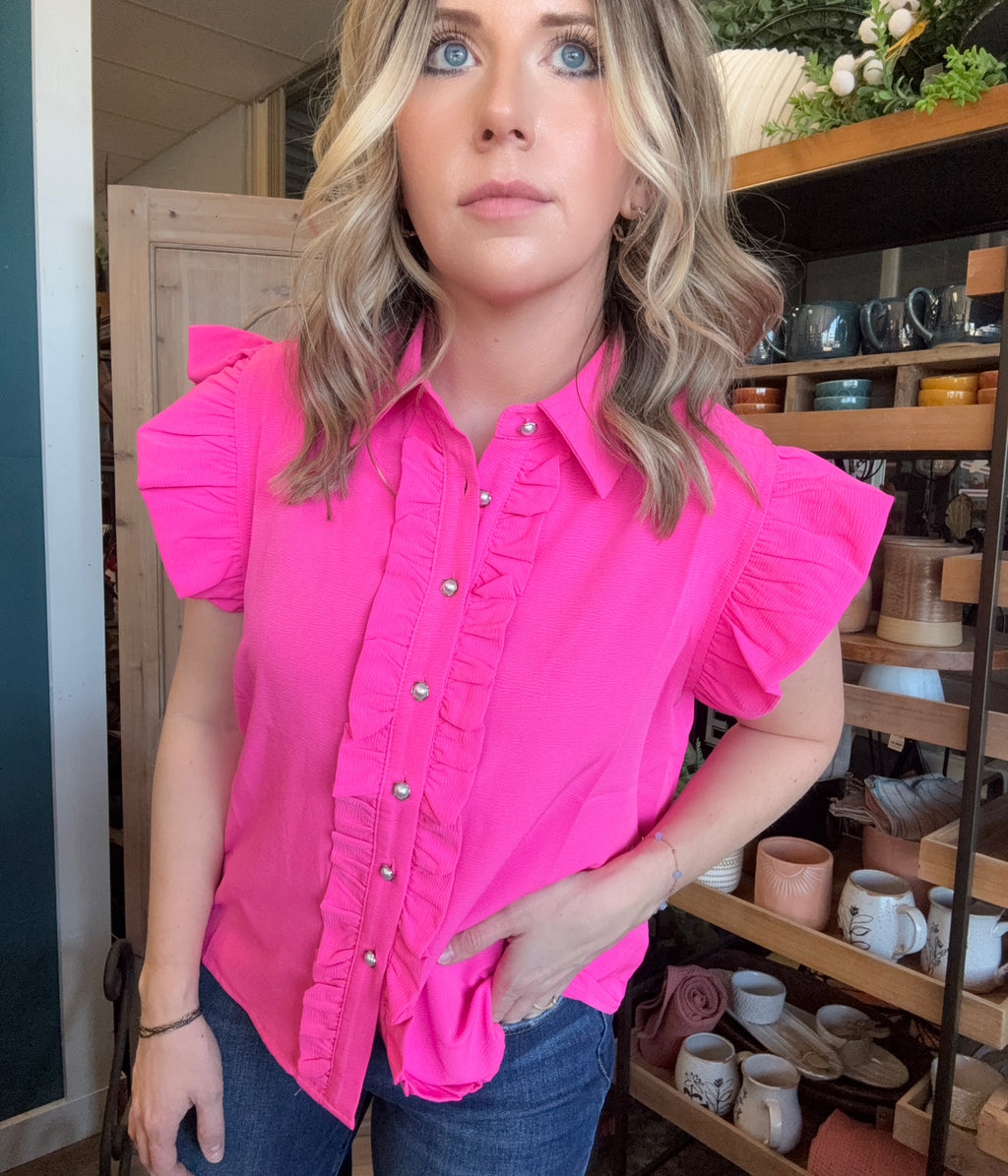 Hot pink ruffle sleeve boutique blouse with button front for women