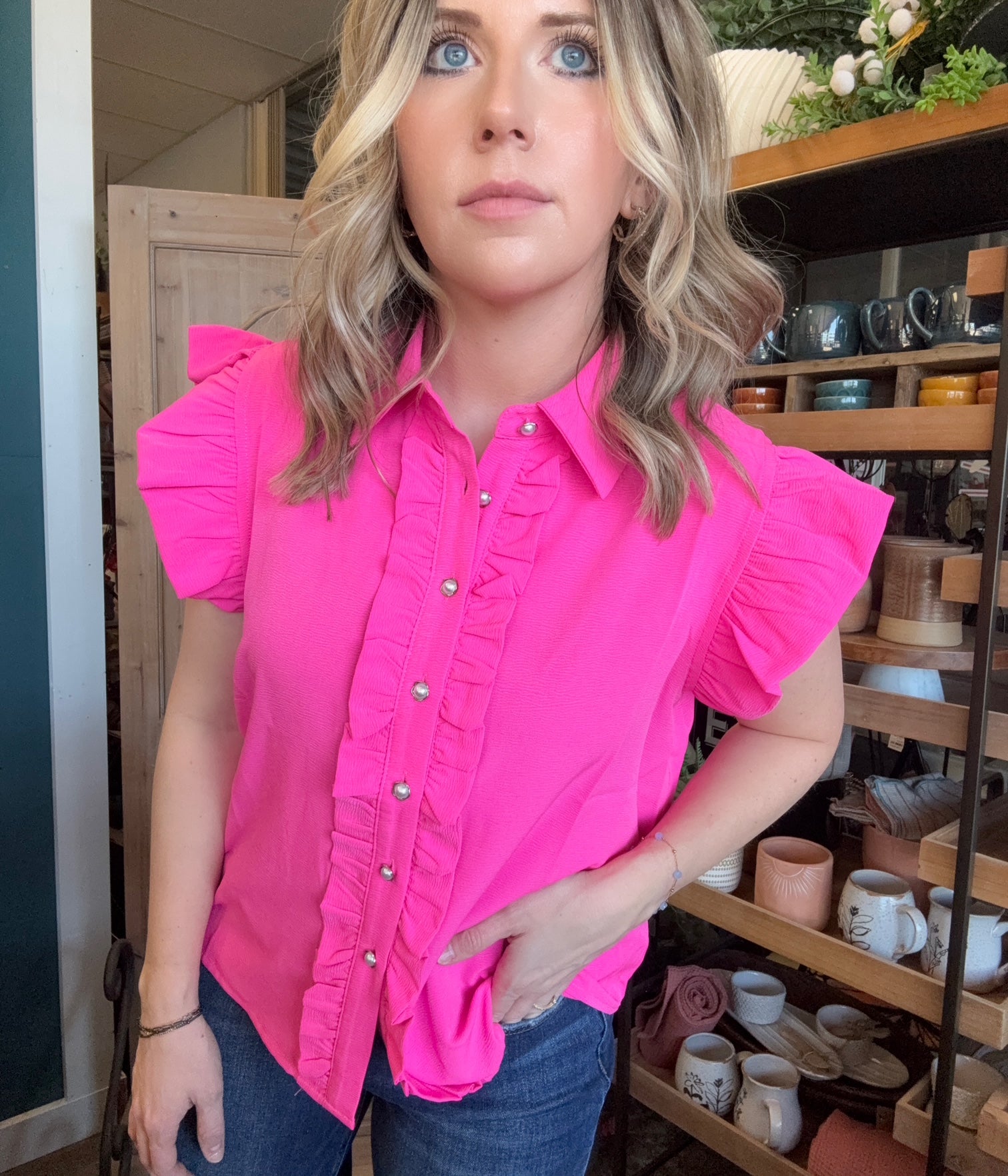 Hot pink ruffle sleeve boutique blouse with button front for women