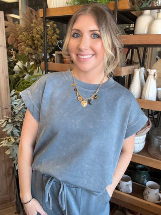 Vintage washed blue casual lounge top for women