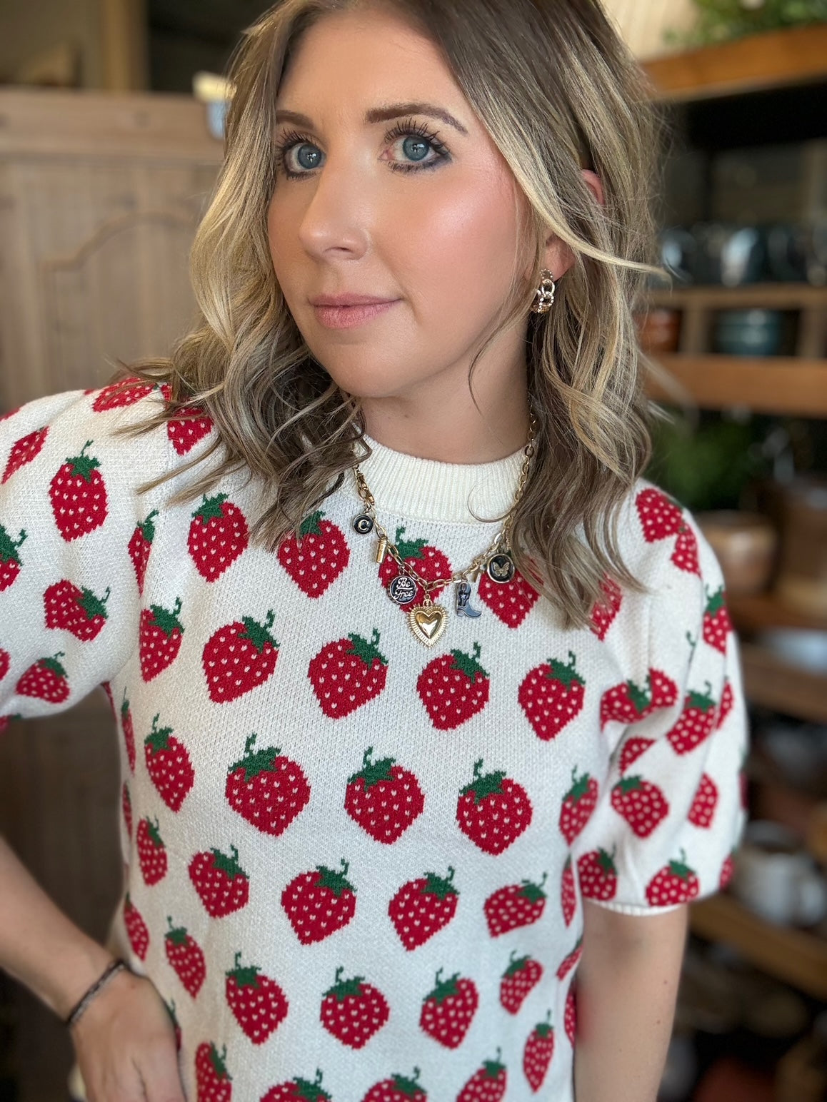 Strawberry print boutique knit sweater top for women