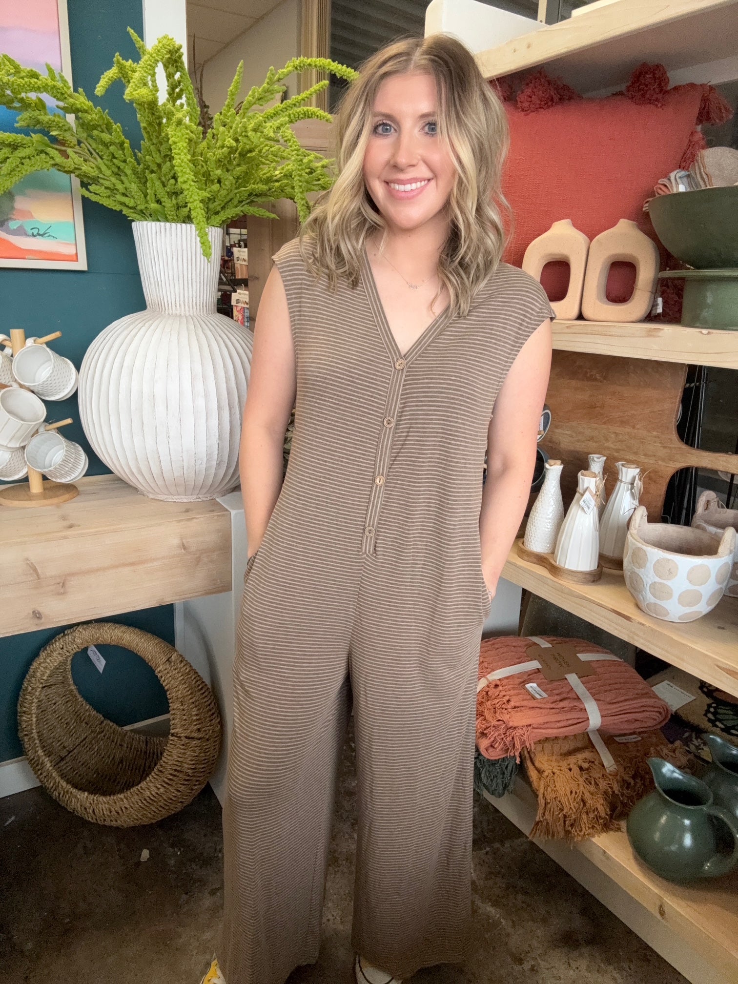 mocha striped button front women's boutique jumpsuit at Pill Box Boutique
