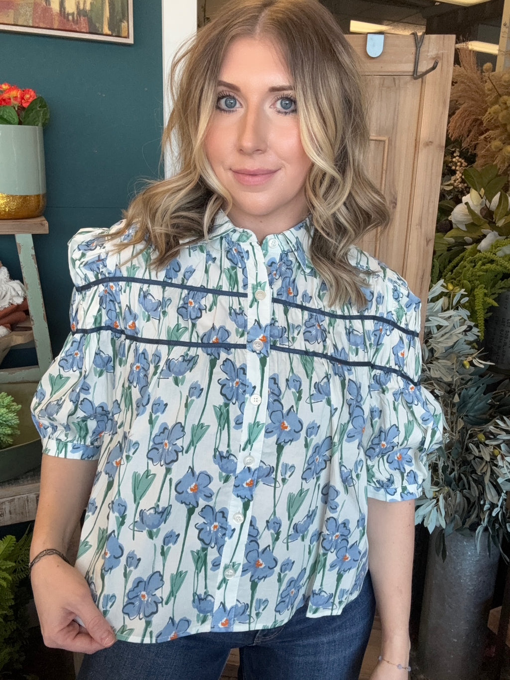 Blue floral puff sleeve boutique blouse for women