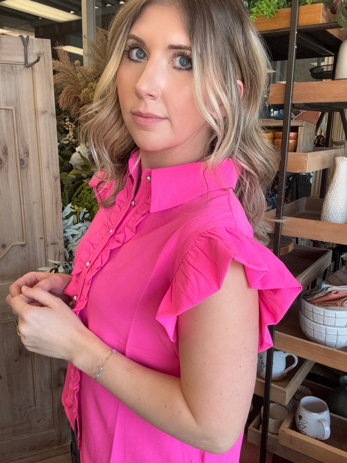 Hot pink ruffle sleeve boutique blouse with button front for women