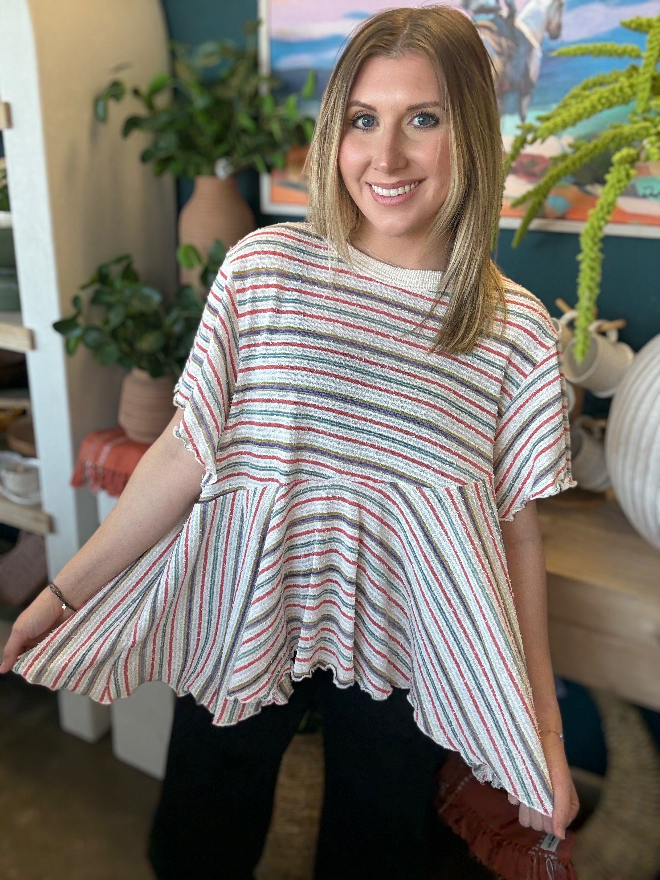 Ruffle Hem Stripe Babydoll Top