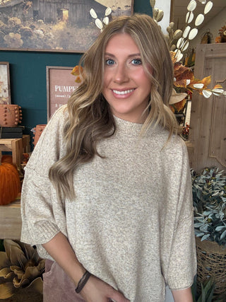 LIGHTWEIGHT OATMEAL SHORT SLEEVE SWEATER WITH RELAXED FIT