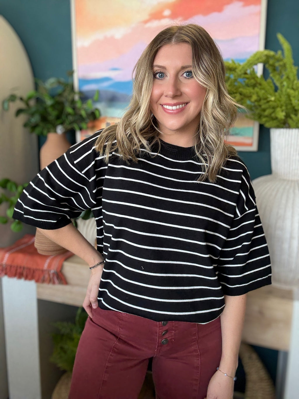 Striped Knit Top Short Sleeve